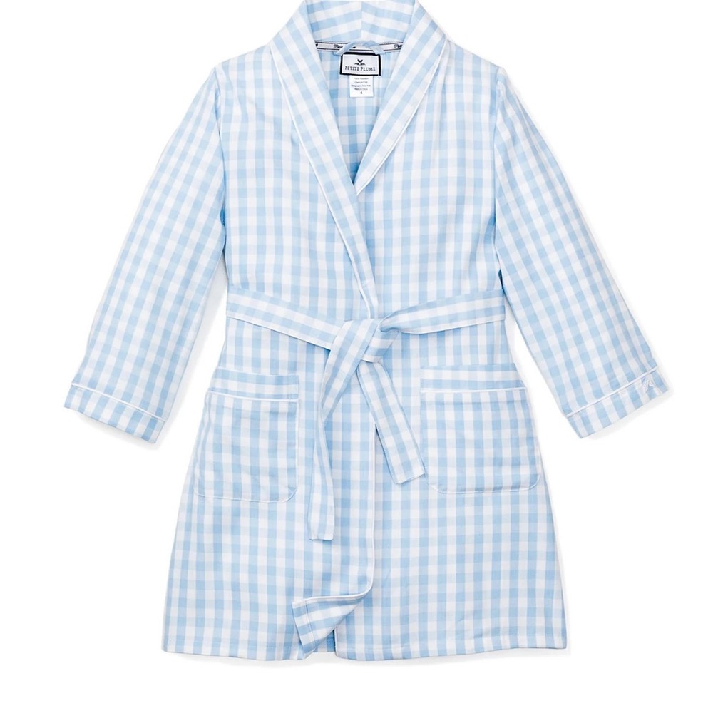 Petite Plume Kids Light Blue Gingham Robe Brushed Cotton Size 11/12 CRBG112